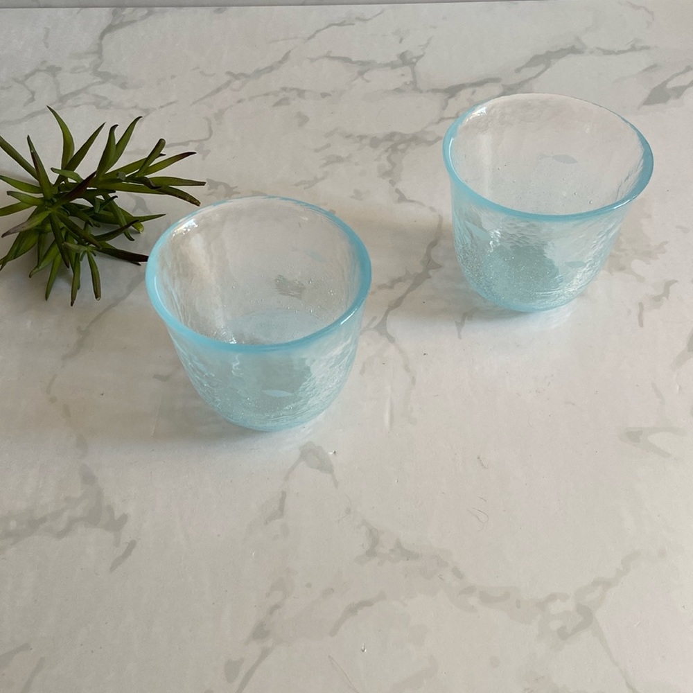 Set of Two hand blown Light Blue Glass Votive Candle Holders w Fish Etching